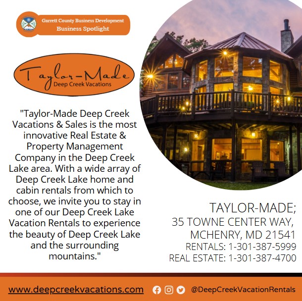 Todays Business Spotlight 🏠 is on Taylor-Made Deep Creek Vacations!
Visit them at www.deepcreekvacations.com or Taylor-Made Deep Creek Vacations
Follow us to see more daily Garrett County Business Spotlights!
If you are interested in having your business featured contact Connor Norman at cnorman@garrettcountymd.gov. #businessdevelopment #garrettcountymd